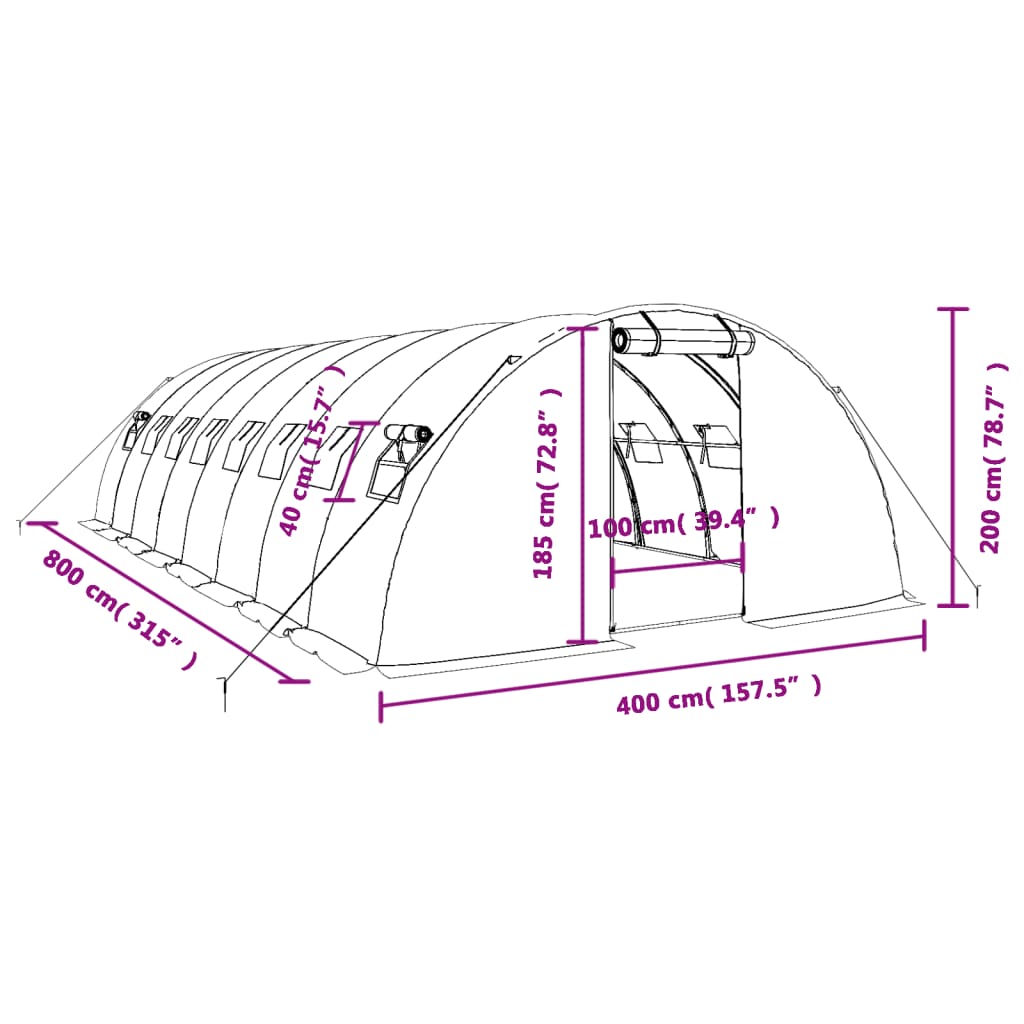 vidaXL Serre avec cadre en acier vert 32 m² 8x4x2 m