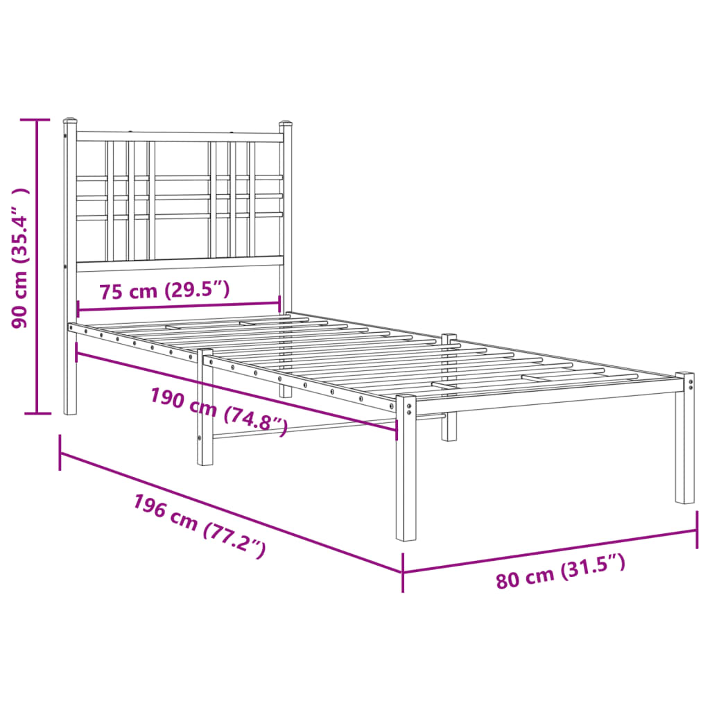 vidaXL Cadre de lit métal sans matelas avec pied de lit noir 75x190 cm