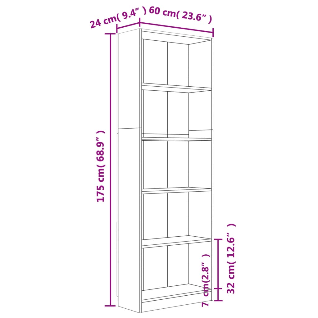 vidaXL Bibliothèque 5 niveaux Chêne marron 60x24x175cm Bois ingénierie