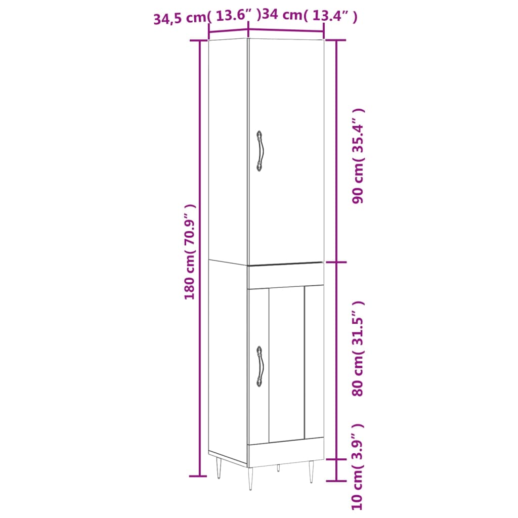 vidaXL Buffet haut Sonoma gris 34,5x34x180 cm Bois d'ingénierie