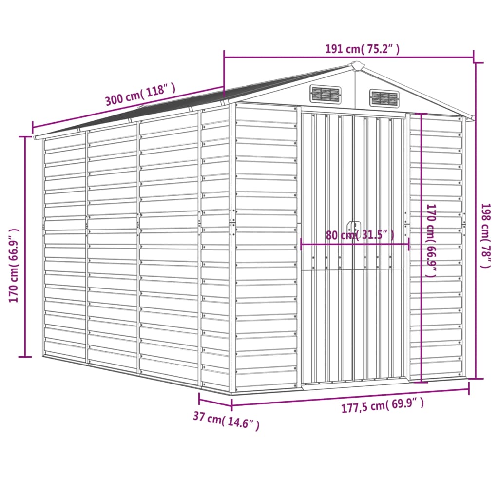 vidaXL Abri de jardin gris clair 191x300x198 cm acier galvanisé