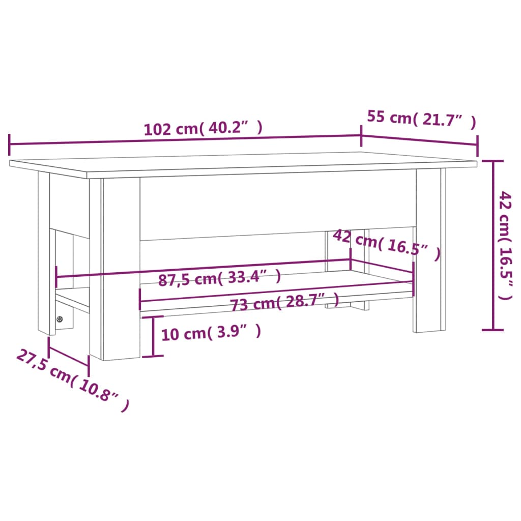 vidaXL Table basse sonoma gris 102x55x42 cm bois d'ingénierie