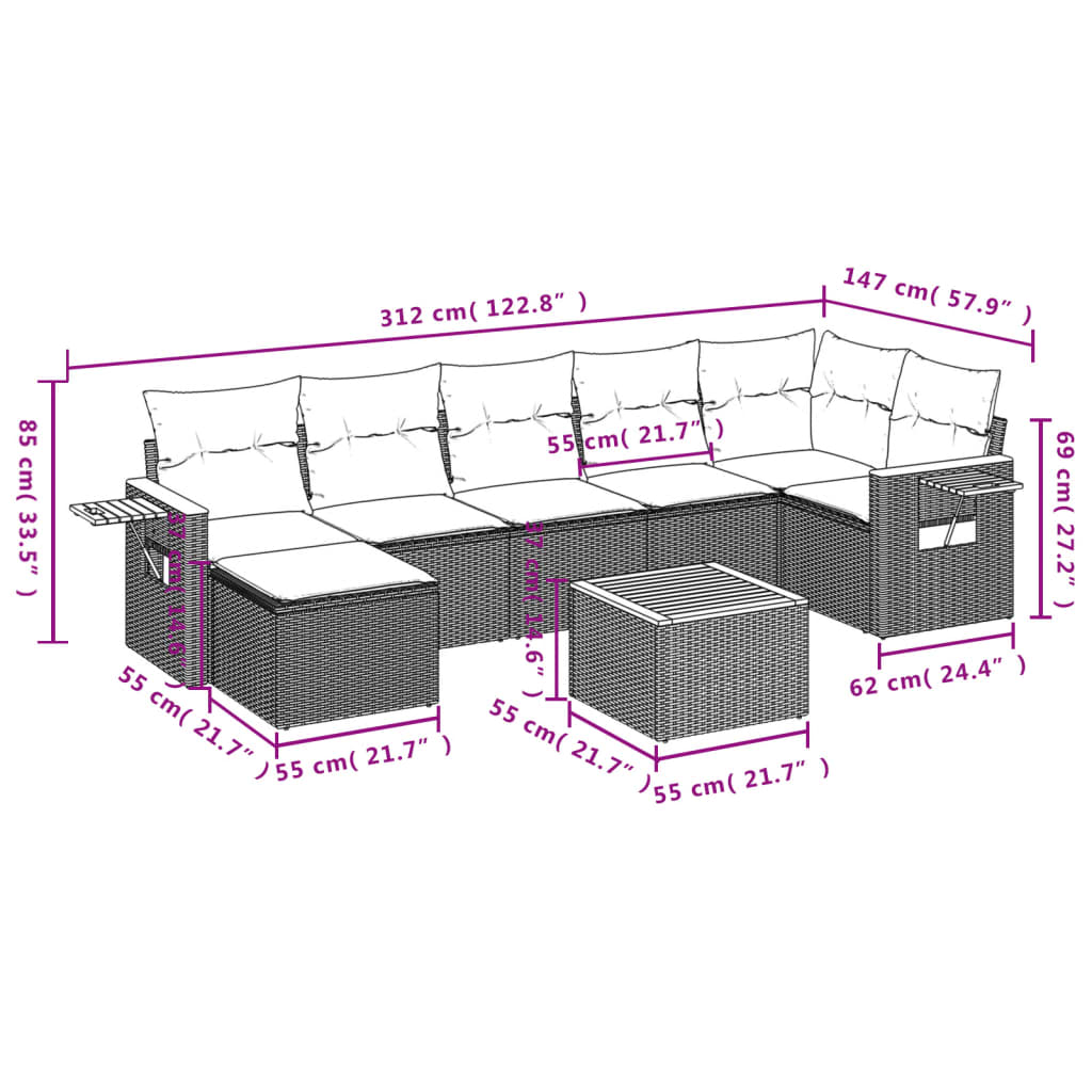 vidaXL Salon de jardin 8 pcs avec coussins gris résine tressée