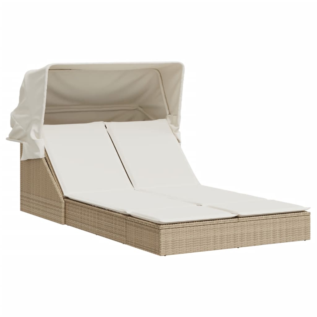 vidaXL Chaise longue double avec auvent et coussins beige poly rotin