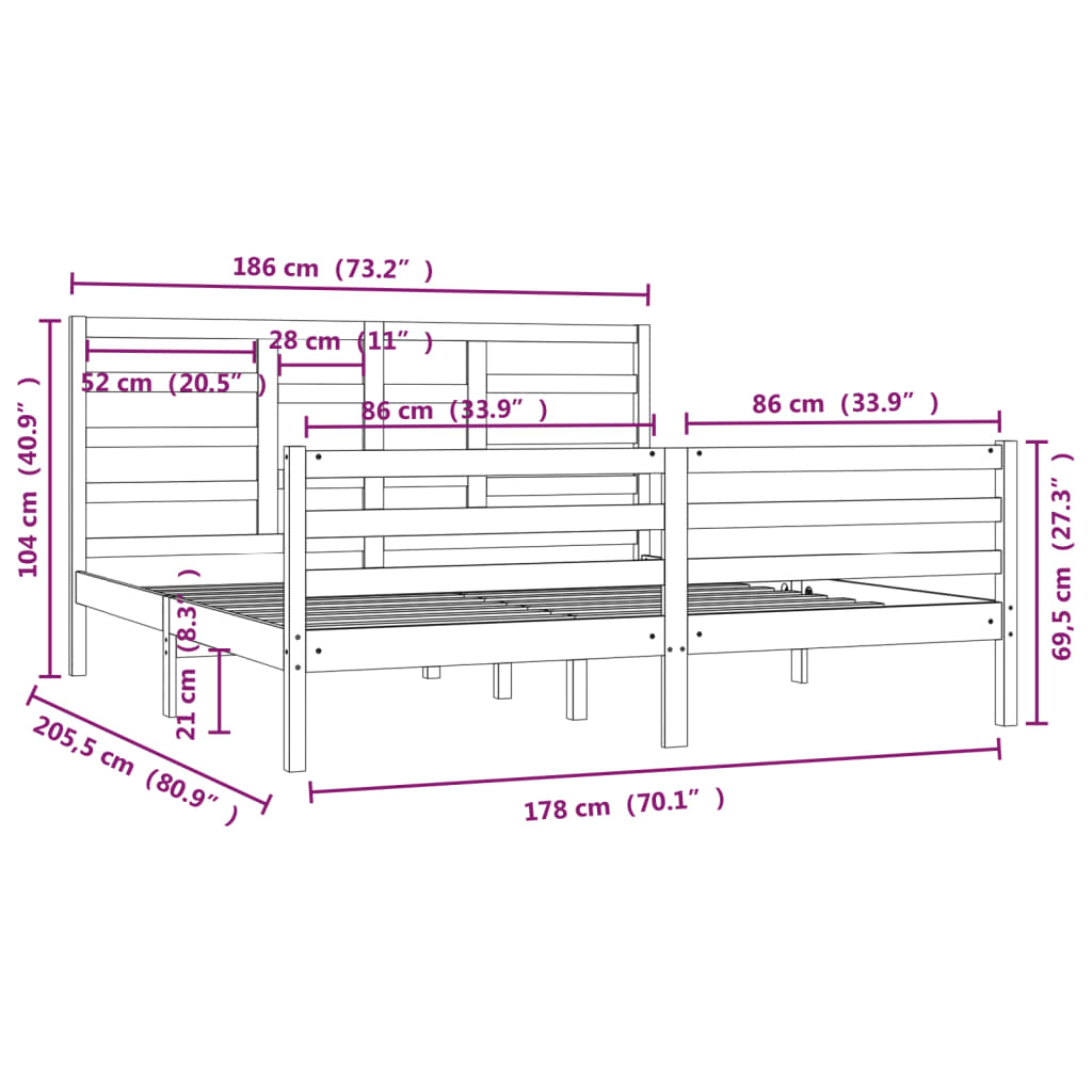 vidaXL Cadre de lit bois massif 180x200 cm super king