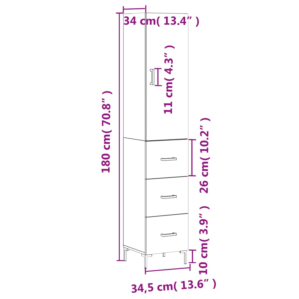 vidaXL Buffet haut Blanc brillant 34,5x34x180 cm Bois d'ingénierie