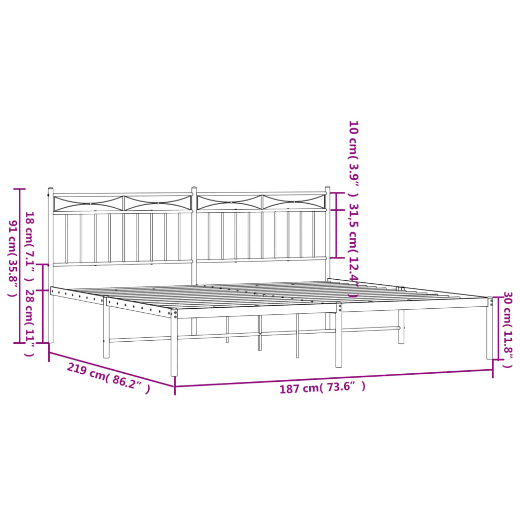 vidaXL Cadre de lit métal sans matelas avec tête de lit noir 183x213cm