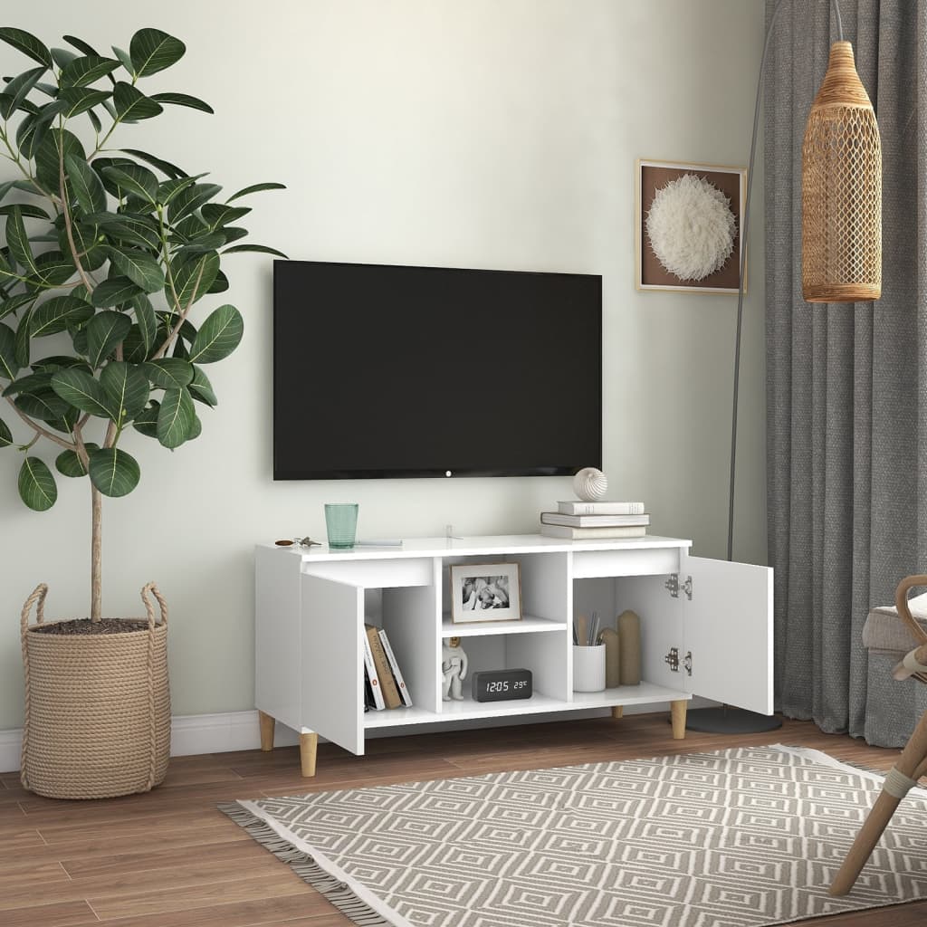vidaXL Meuble TV avec pieds en bois massif Blanc 103,5x35x50 cm