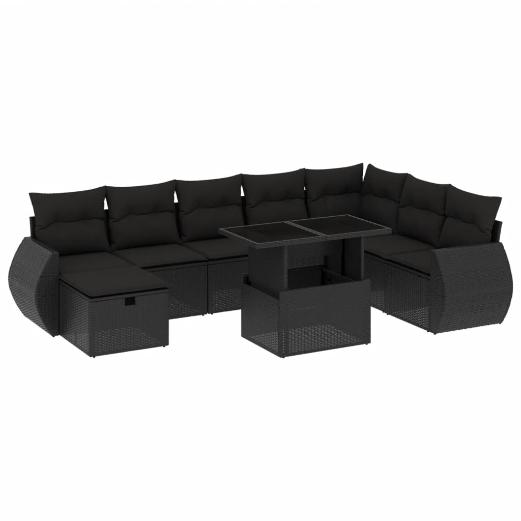 vidaXL Salon de jardin 9 pcs avec coussins noir résine tressée