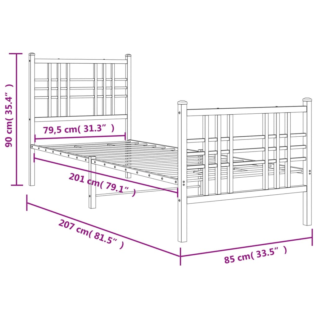 vidaXL Cadre de lit métal sans matelas avec pied de lit blanc 80x200cm