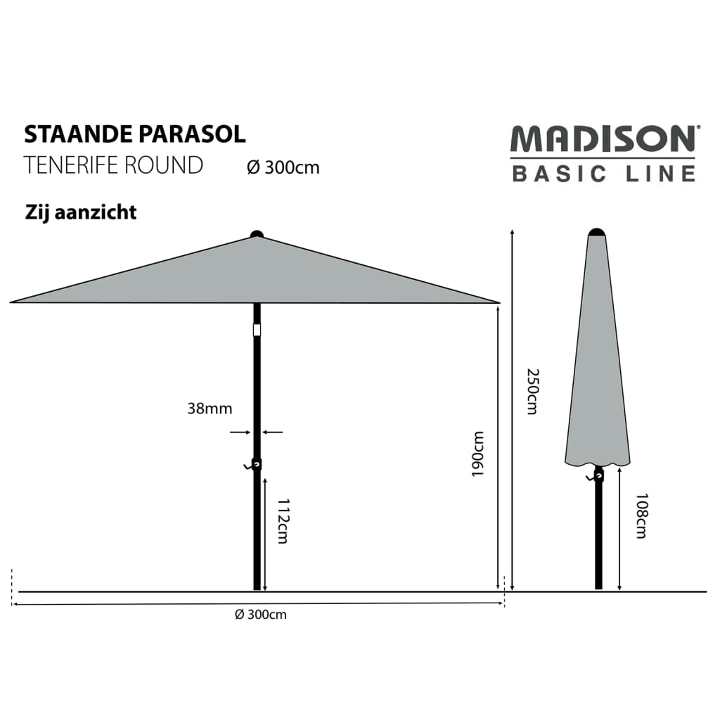 Madison Parasol Tenerife 300 cm Rond Gris