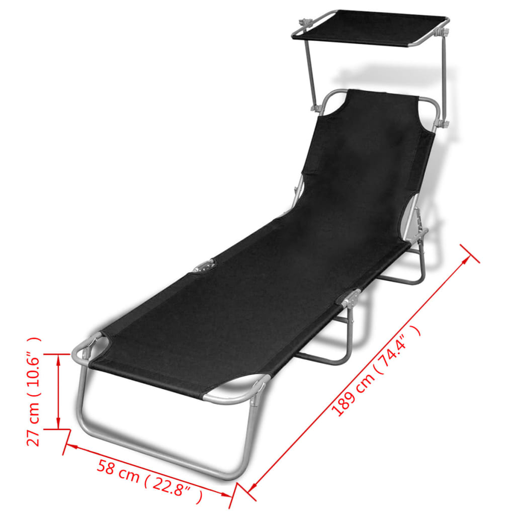 vidaXL Chaise longue pliable avec auvent acier et tissu noir
