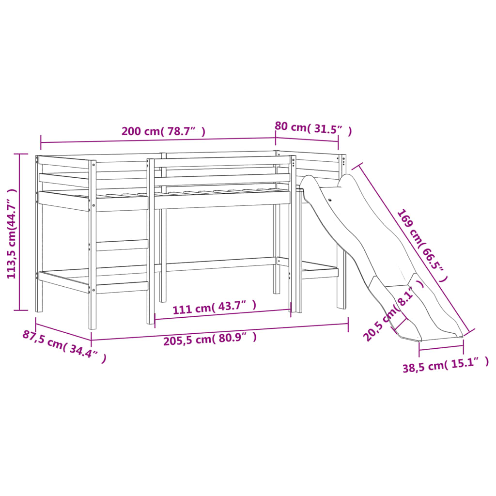 vidaXL Lit mezzanine d'enfants sans matelas avec toboggan 80x200 cm