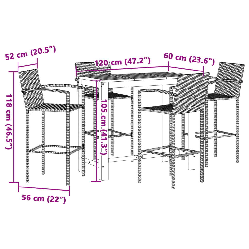 vidaXL Ensemble de bar de jardin 5 pcs gris bois massif acacia rotin