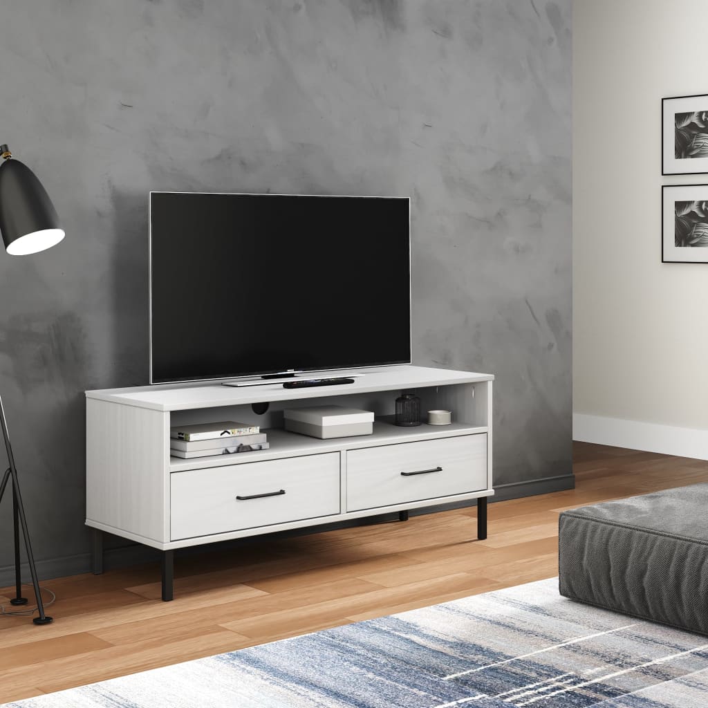 vidaXL Meuble TV avec pieds en métal Blanc Bois de pin massif OSLO
