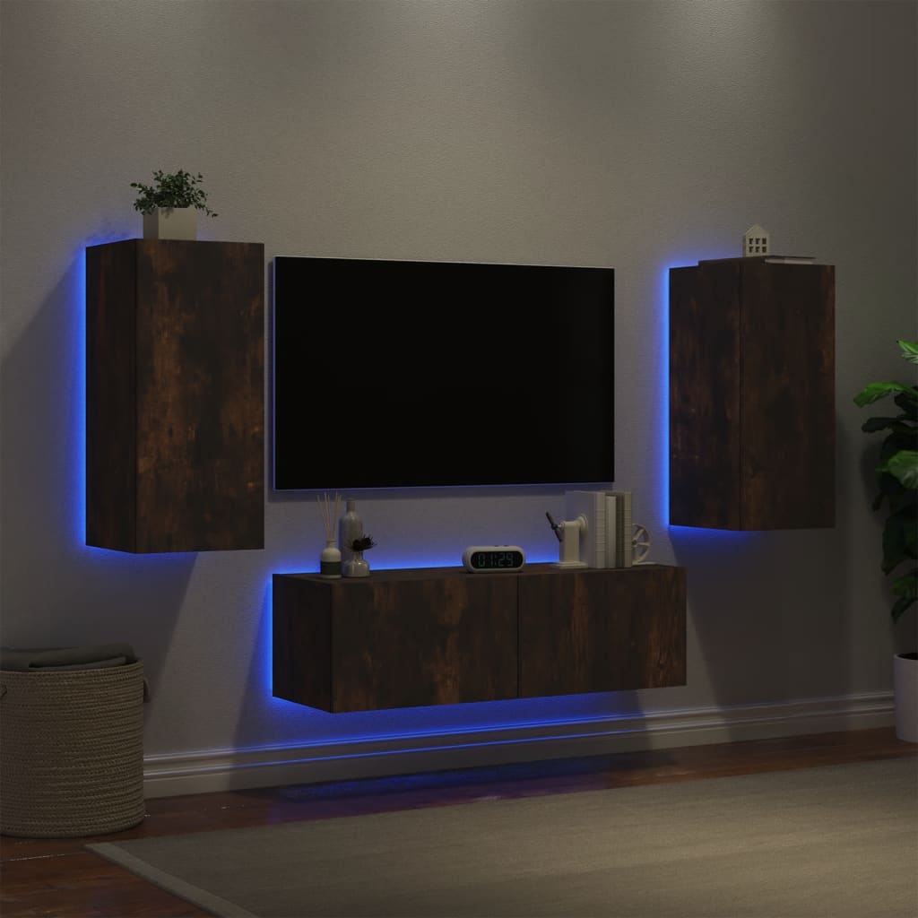 vidaXL Meuble TV muraux 3 pcs avec lumières LED chêne fumé