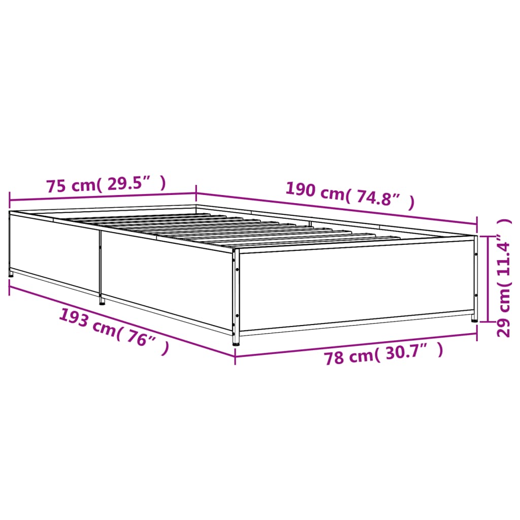 vidaXL Cadre de lit chêne sonoma 75x190 cm bois d'ingénierie et métal