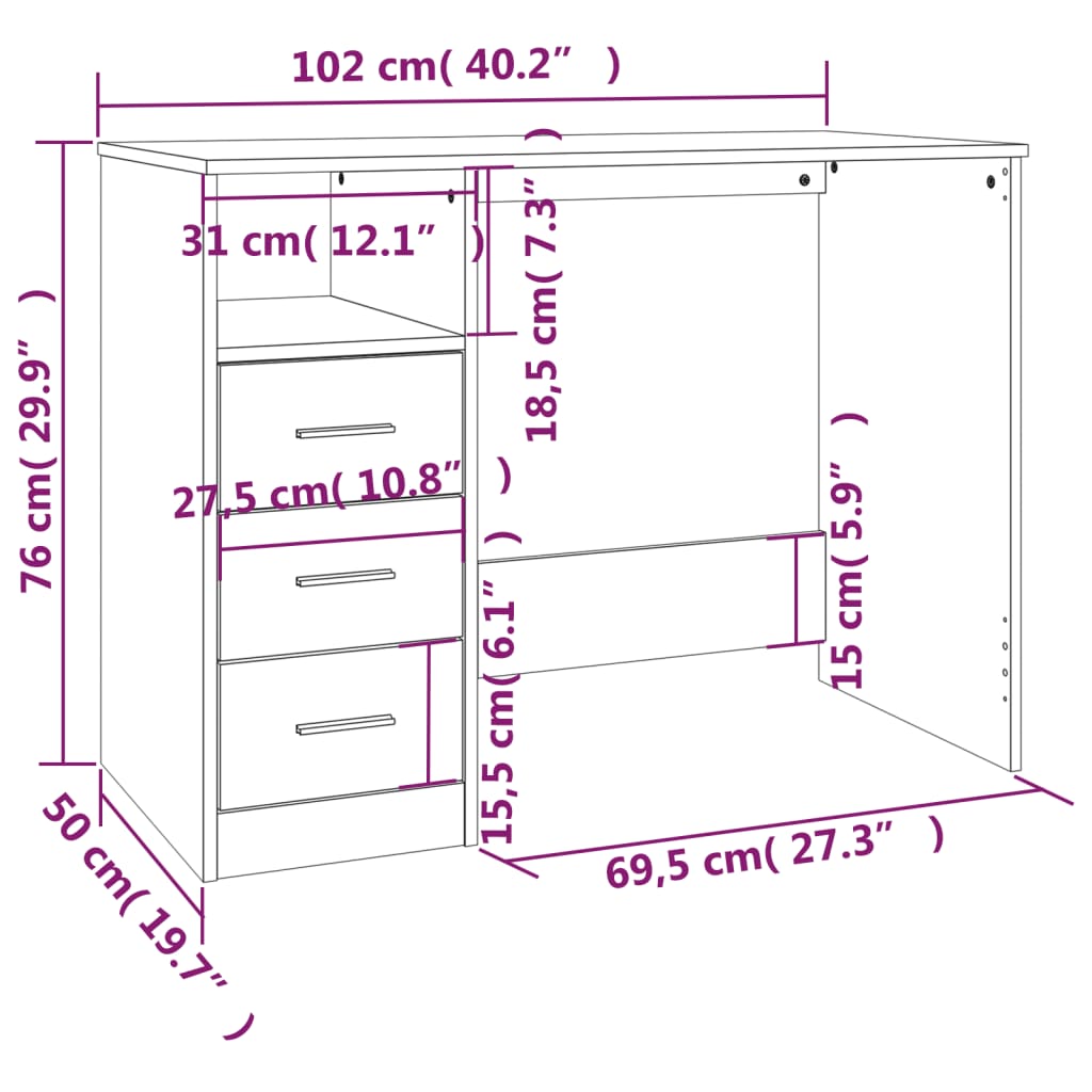 vidaXL Bureau avec tiroirs Sonoma gris 102x50x76 cm Bois d'ingénierie