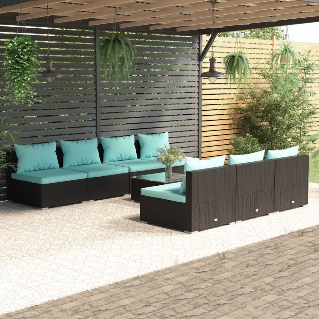 vidaXL Salon de jardin 8 pcs avec coussins résine tressée noir