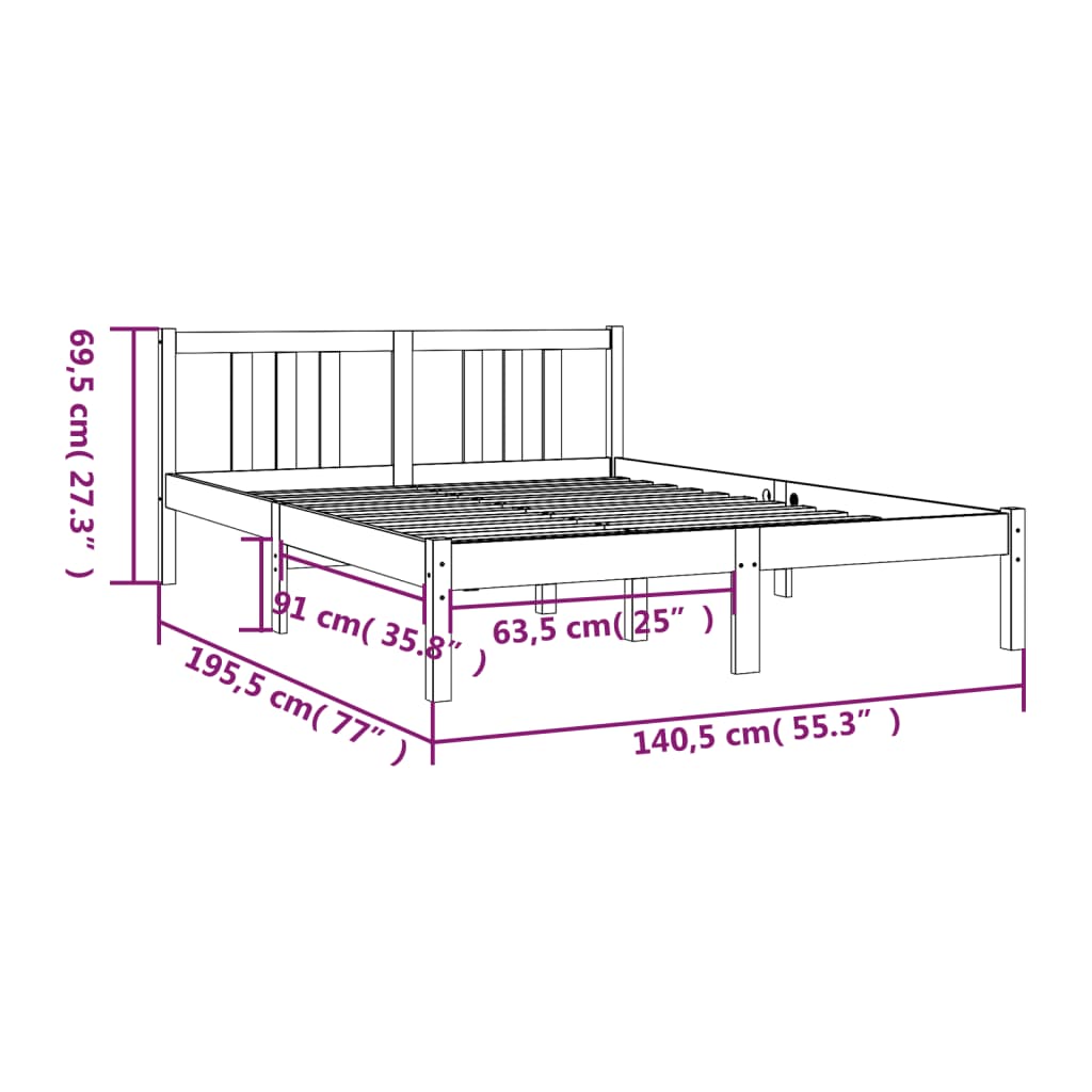 vidaXL Cadre de lit Noir Bois massif 135x190 cm Double