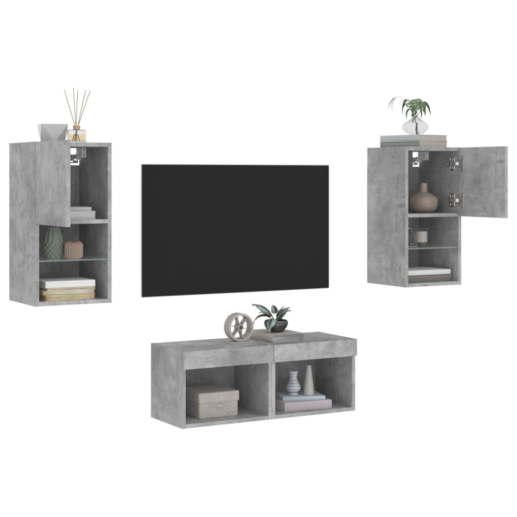 vidaXL Meuble TV muraux 4 pcs avec lumières LED gris béton