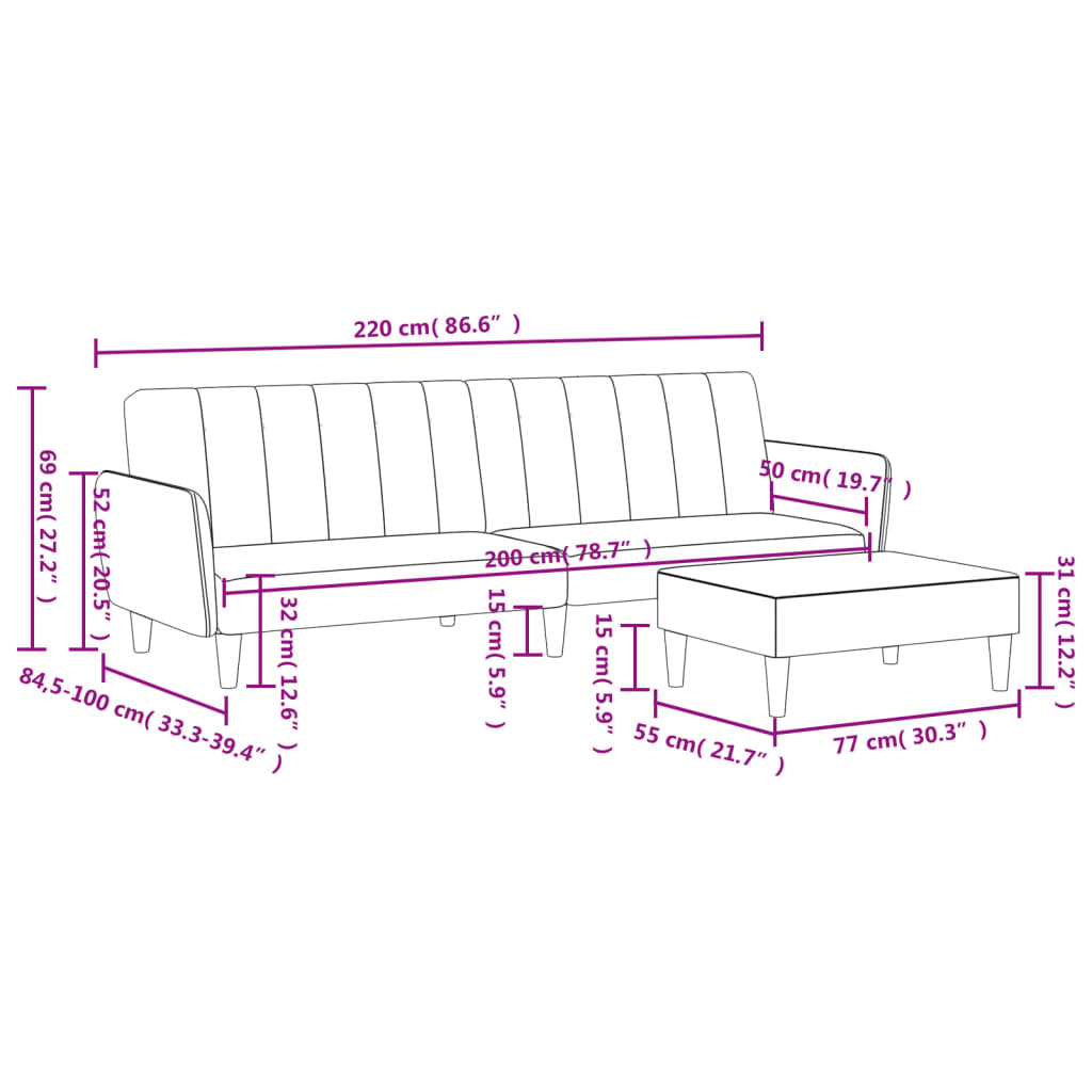 vidaXL Canapé-lit à 2 places avec repose-pied gris foncé velours