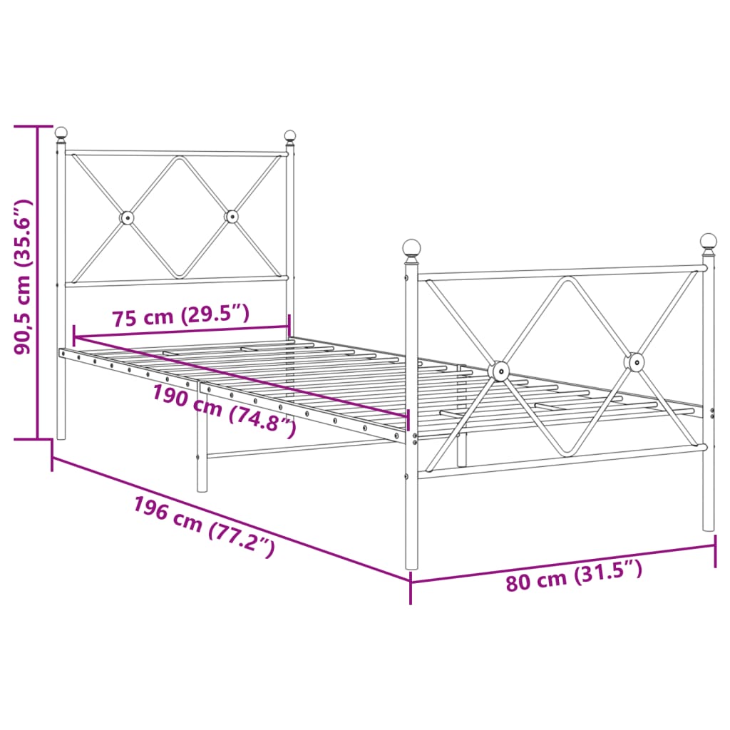 vidaXL Cadre de lit métal sans matelas avec pied de lit blanc 75x190cm