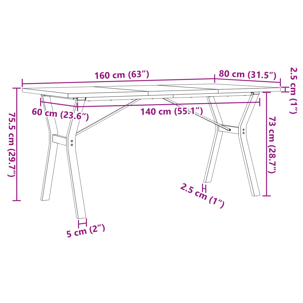 vidaXL Table à manger cadre en Y 160x80x75,5 cm bois pin massif fonte