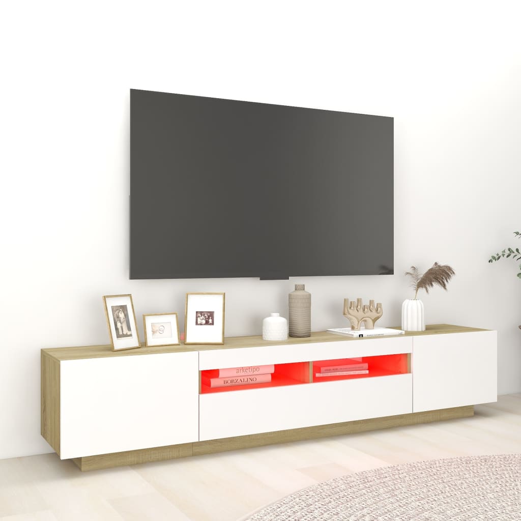 vidaXL Meuble TV avec lumières LED blanc et chêne sonoma 200x35x40 cm