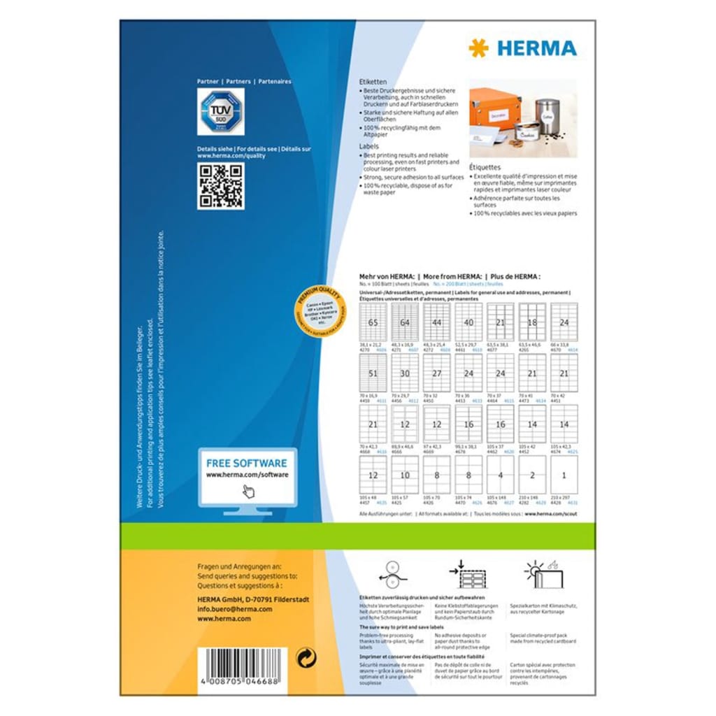 HERMA Étiquettes permanentes PREMIUM A4 70x42,3 mm 100 Feuilles