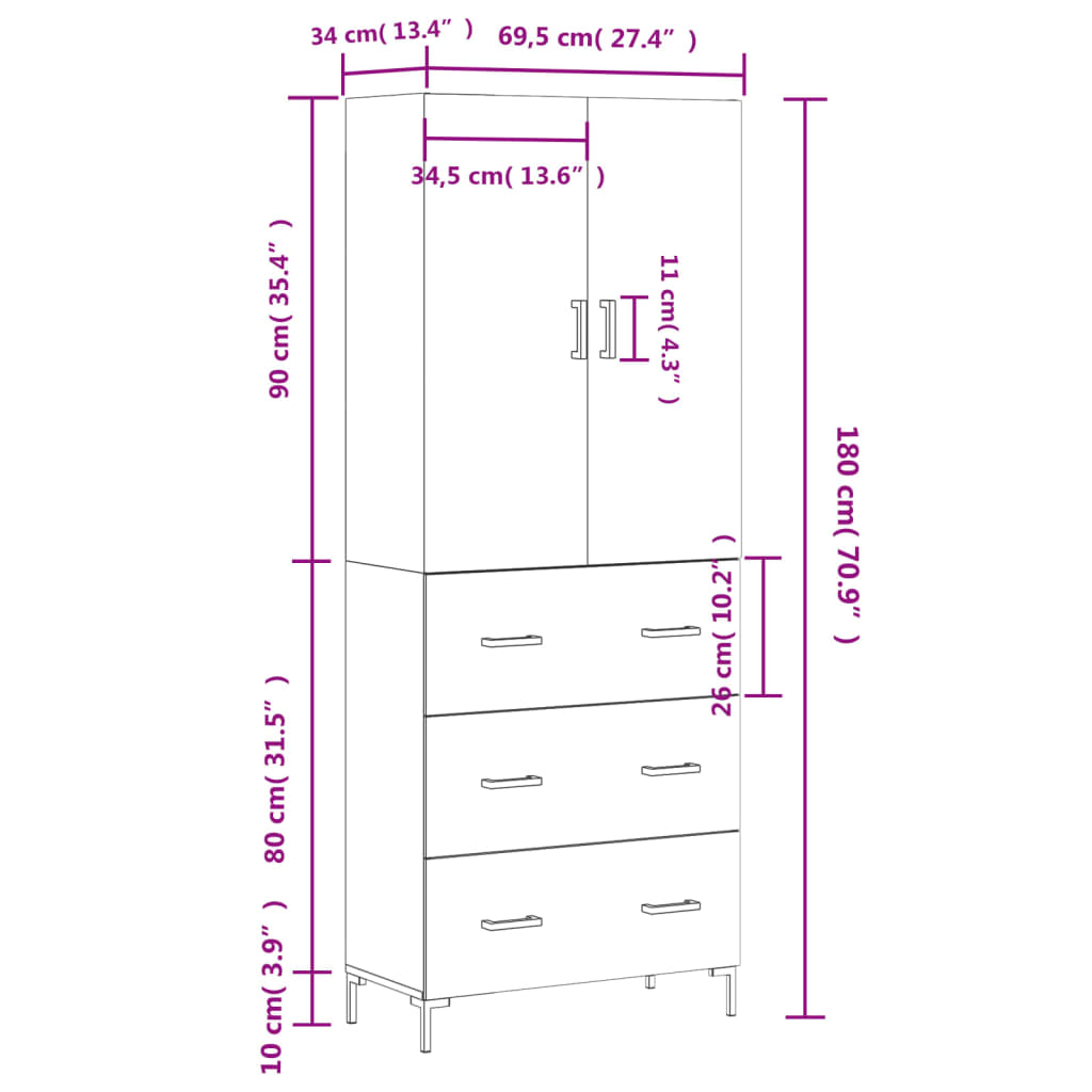 vidaXL Buffet haut Sonoma gris 69,5x34x180 cm Bois d'ingénierie