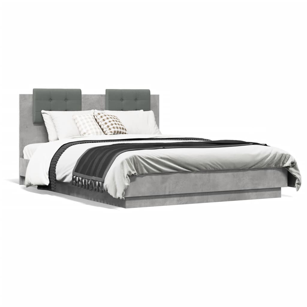 vidaXL Cadre de lit tête de lit et lumières LED gris béton 135x190 cm