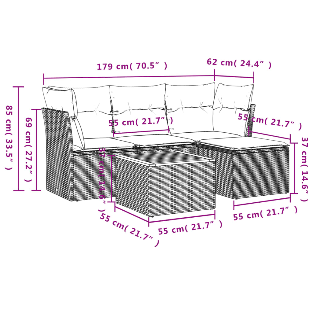 vidaXL Salon de jardin avec coussins 5 pcs beige résine tressée