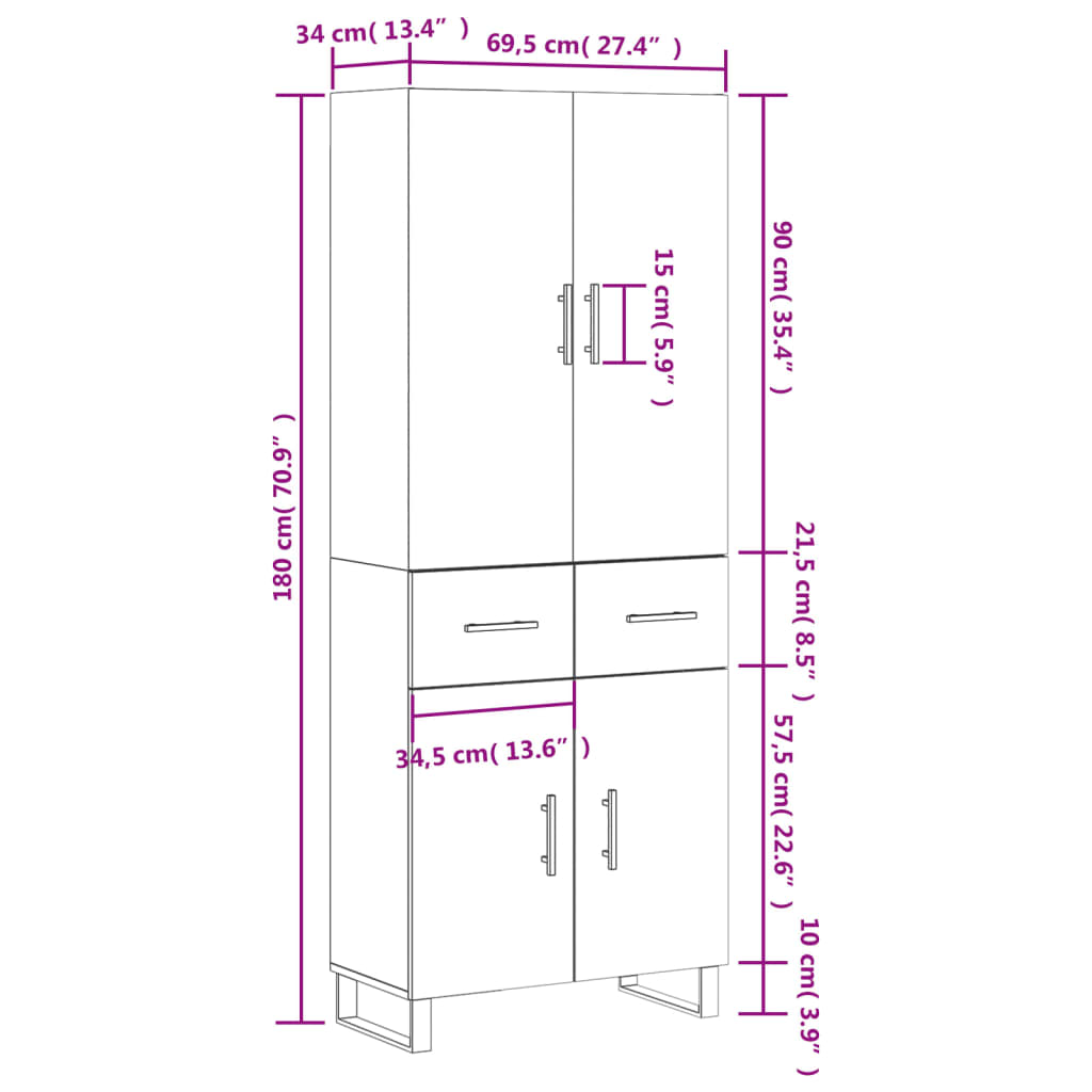 vidaXL Buffet haut Chêne marron 69,5x34x180 cm Bois d'ingénierie