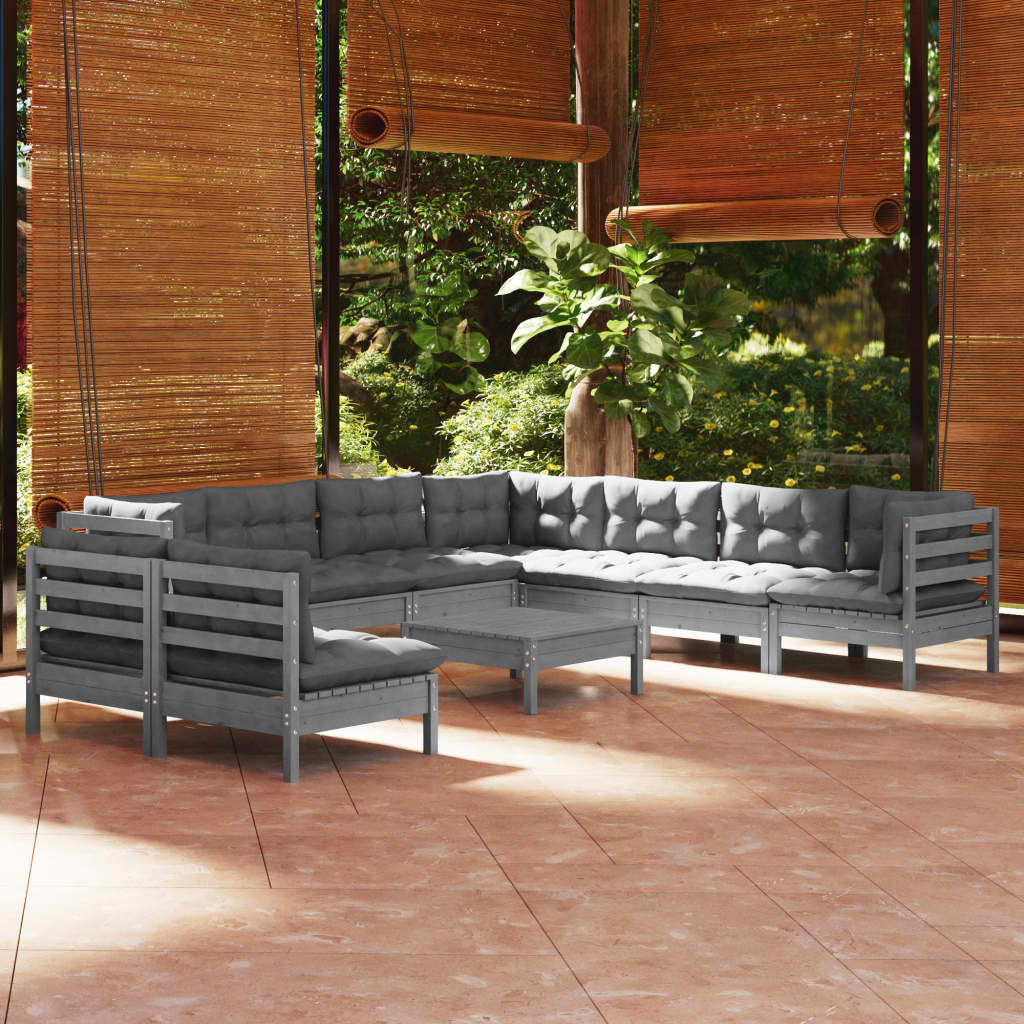 vidaXL Salon de jardin 9 pcs avec coussins gris bois de pin solide