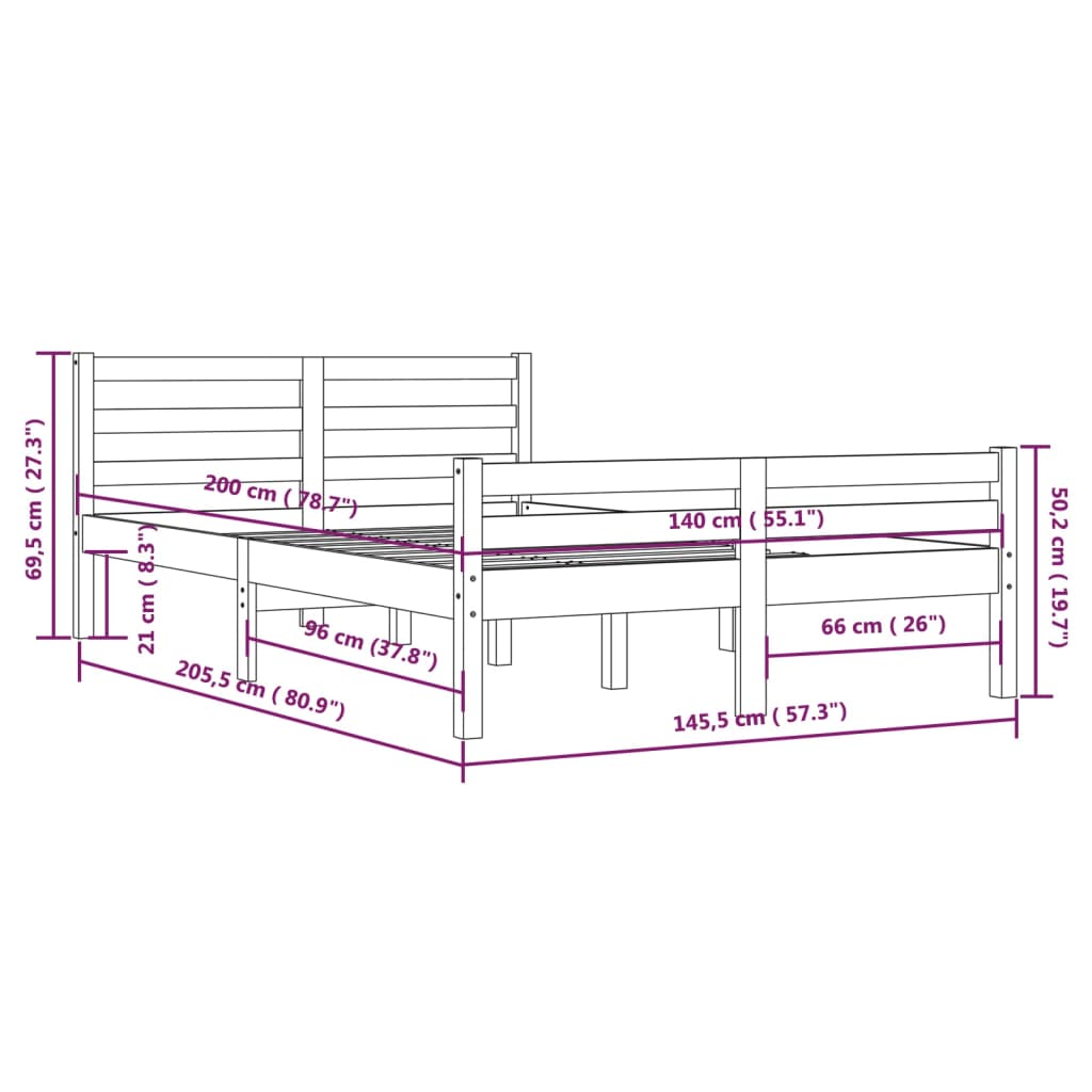 vidaXL Cadre de lit Marron miel Bois massif 140x200 cm