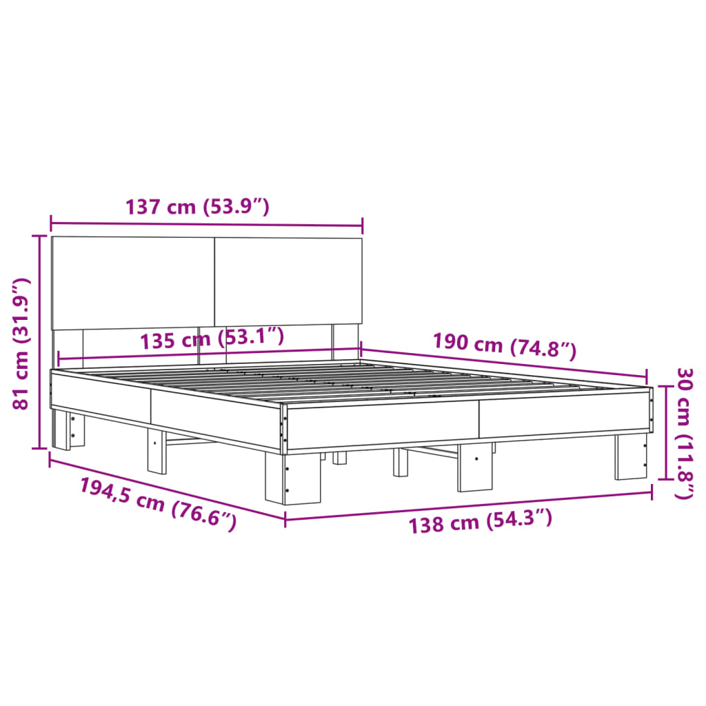 vidaXL Cadre de lit chêne sonoma 135x190 cm bois d'ingénierie et métal