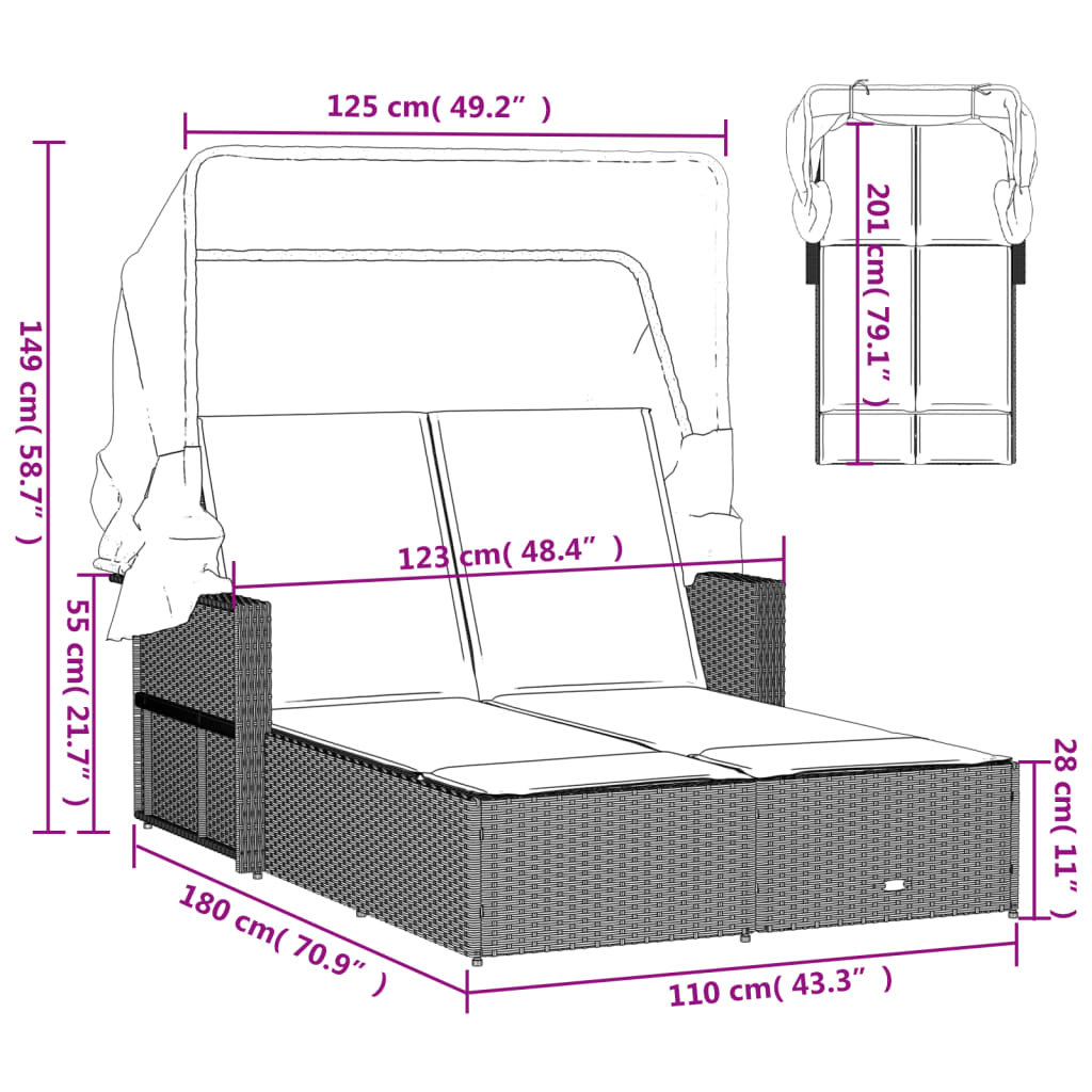 vidaXL Chaise longue double et auvent et coussins mélange beige rotin