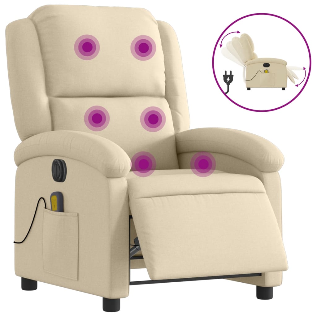 vidaXL Fauteuil inclinable de massage électrique crème tissu