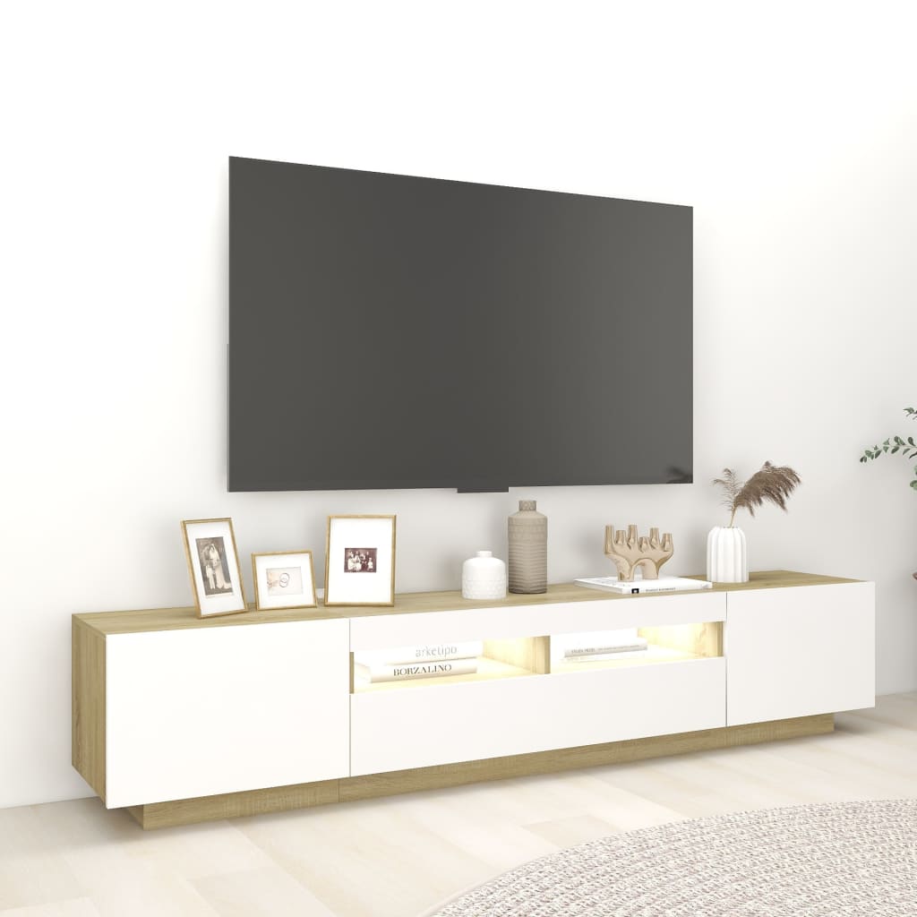 vidaXL Meuble TV avec lumières LED blanc et chêne sonoma 200x35x40 cm