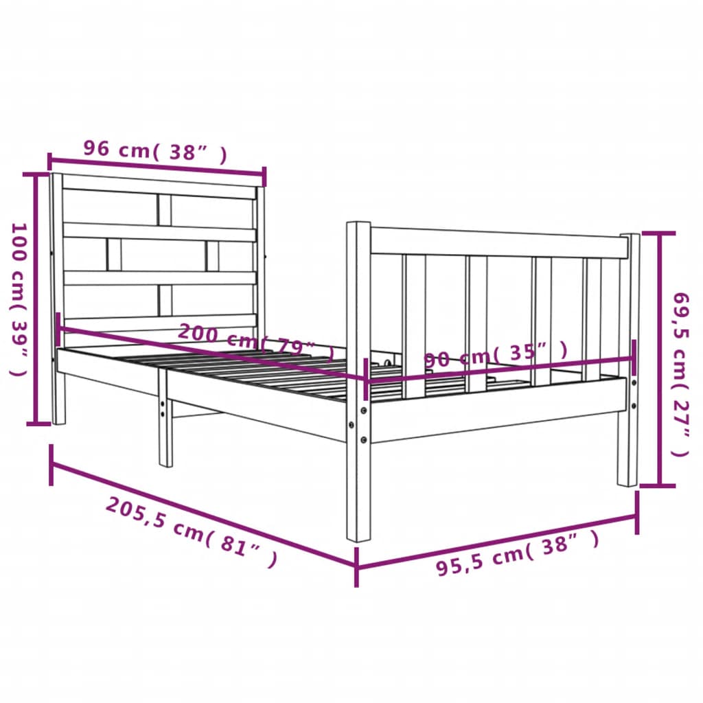 vidaXL Cadre de lit Bois de pin solide 90x200 cm