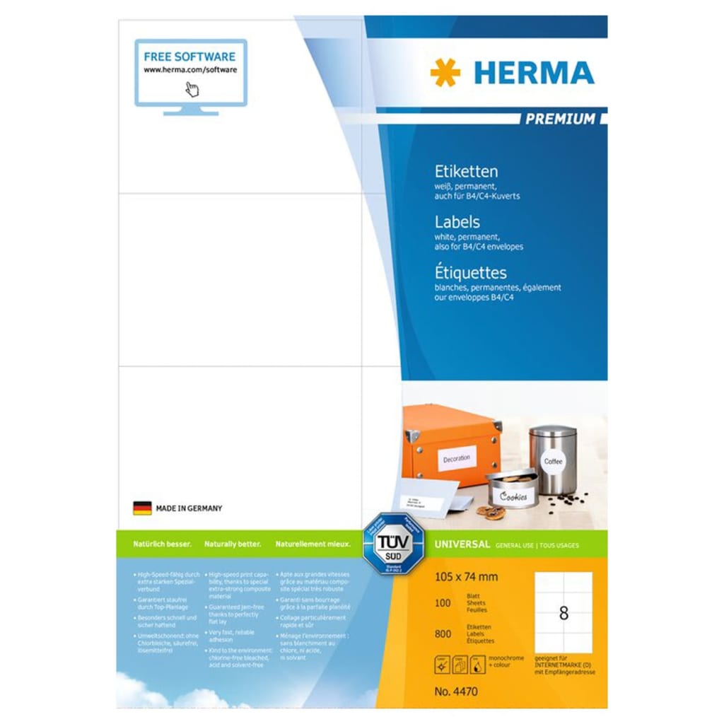 HERMA Étiquettes permanentes PREMIUM A4 105x74 mm 100 Feuilles