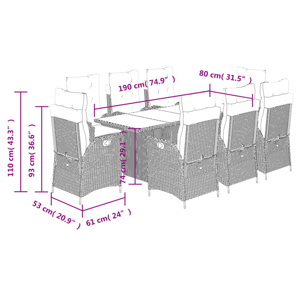 vidaXL Ensemble à manger de jardin 9 pcs coussins gris résine tressée