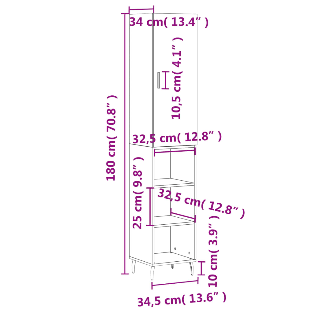 vidaXL Buffet haut Gris béton 34,5x34x180 cm Bois d'ingénierie