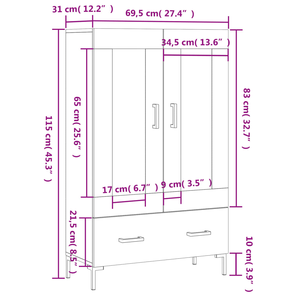 vidaXL Buffet haut noir 69,5x31x115 cm bois d'ingénierie