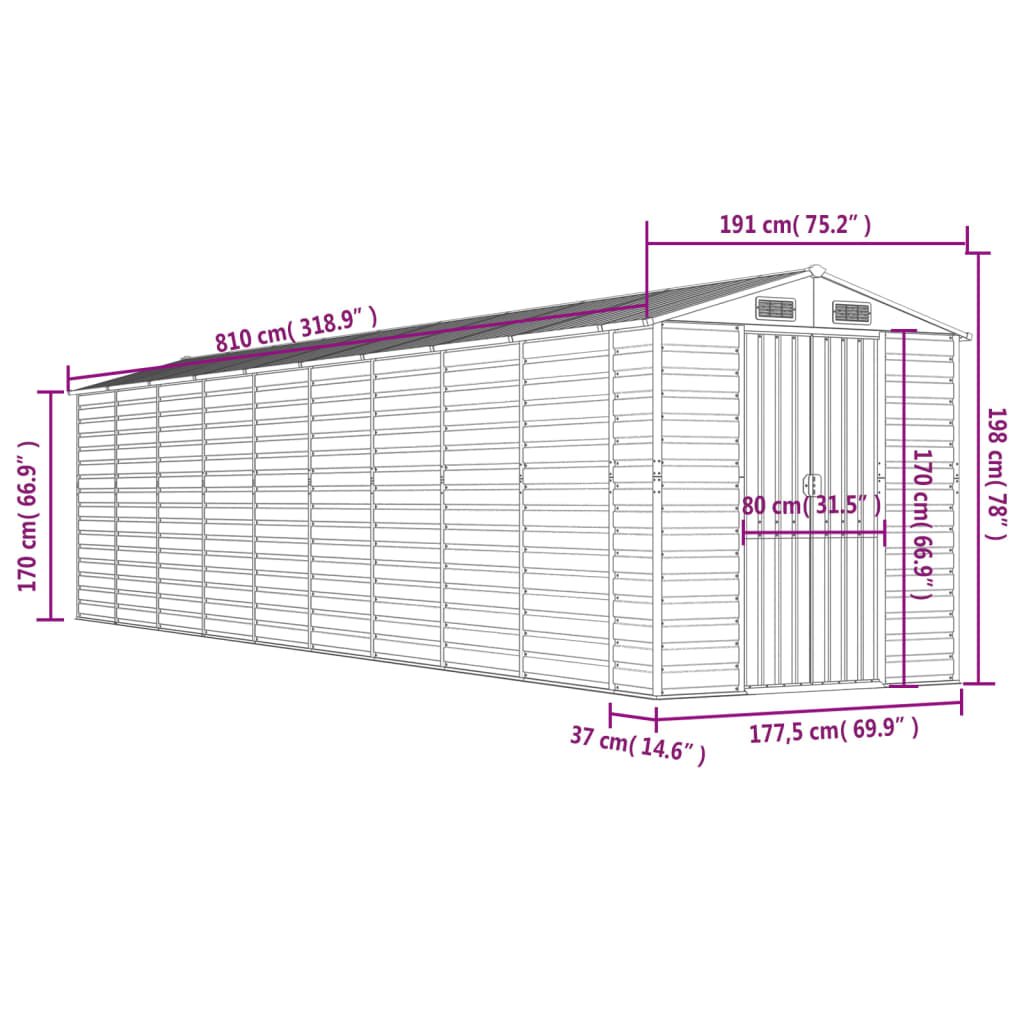 vidaXL Abri de jardin gris clair 191x810x198 cm acier galvanisé