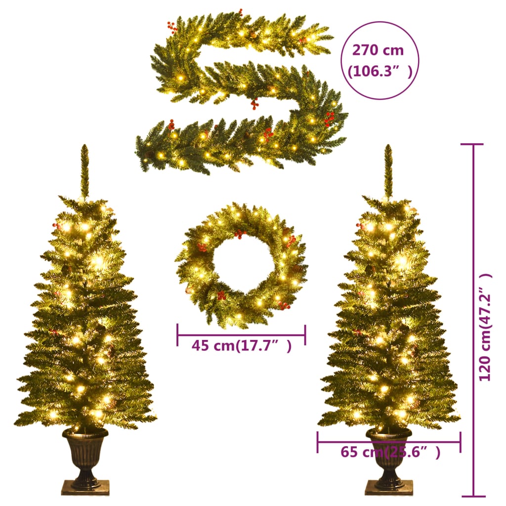 vidaXL Arbres de Noël artificiels 2 pcs et couronne, guirlande et LED