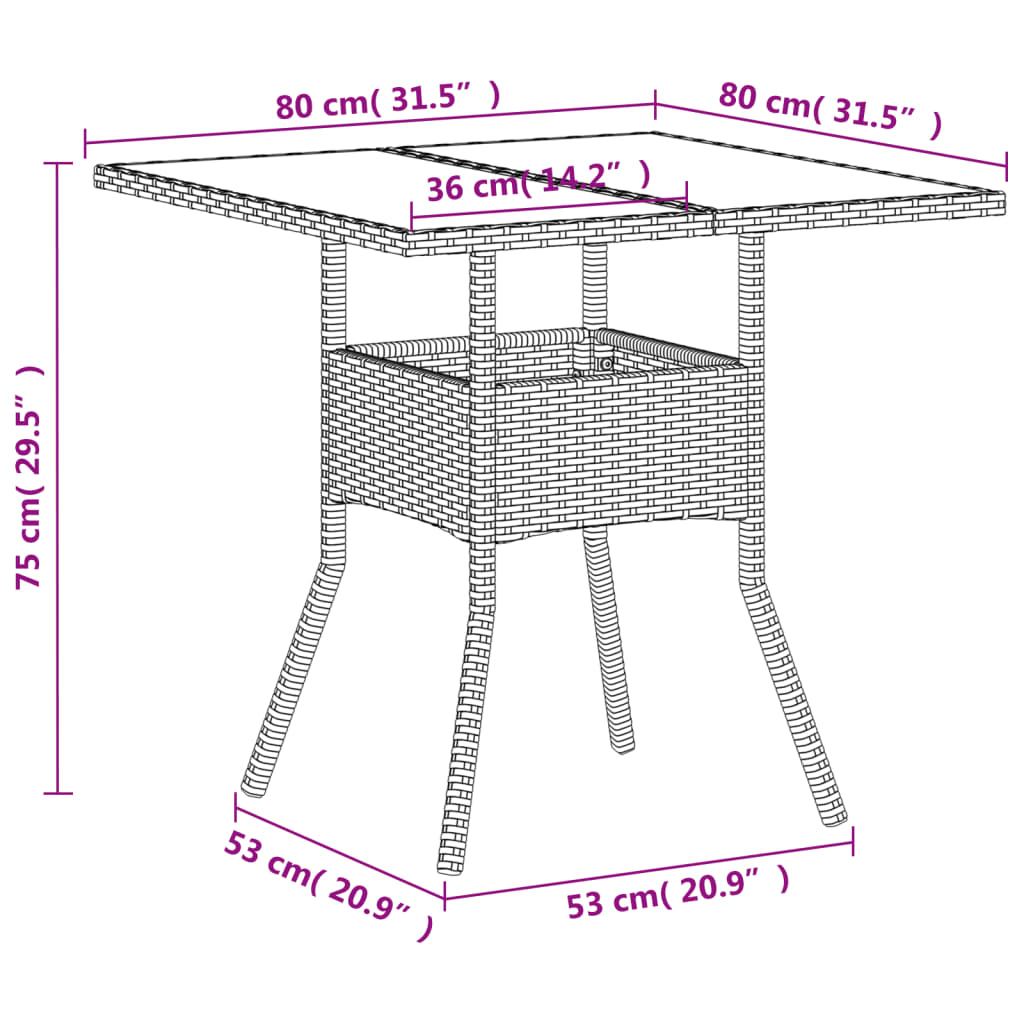 vidaXL Table de jardin dessus en verre blanc 80x80x75cm résine tressée