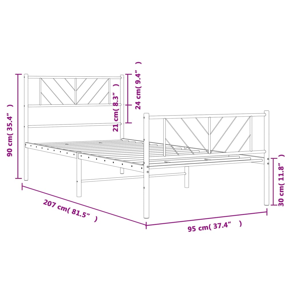 vidaXL Cadre de lit métal avec tête de lit/pied de lit blanc 90x200 cm