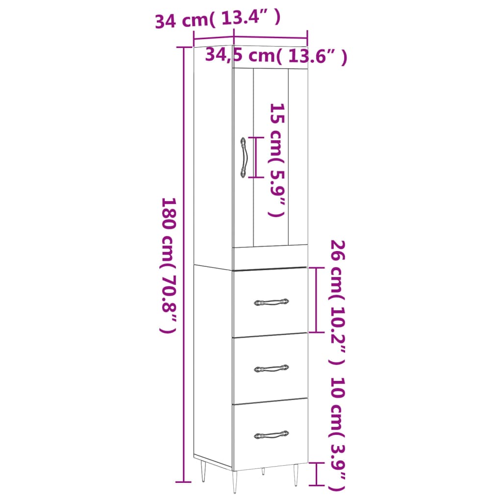 vidaXL Buffet haut Chêne marron 34,5x34x180 cm Bois d'ingénierie